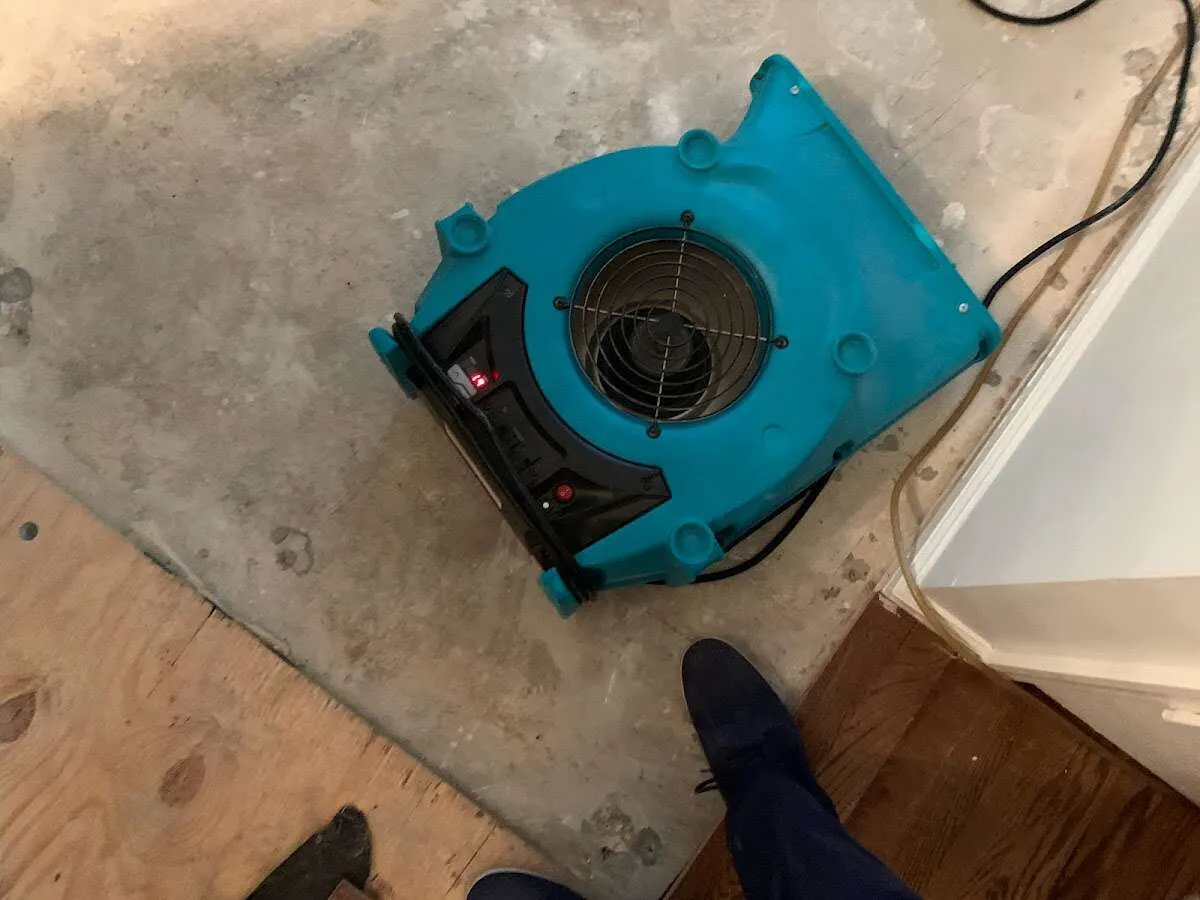 Air mover drying subfloor during Commercial Water Damage Restoration in Whitemarsh